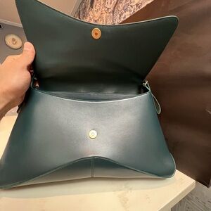 Green Leather Shoulder Bag with Curved Design